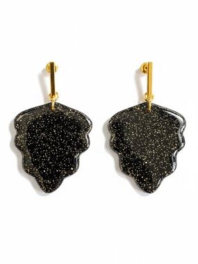 Clay Earrings Gold & Black Glitter Leaf Design Drop Women Jewelry Polymer